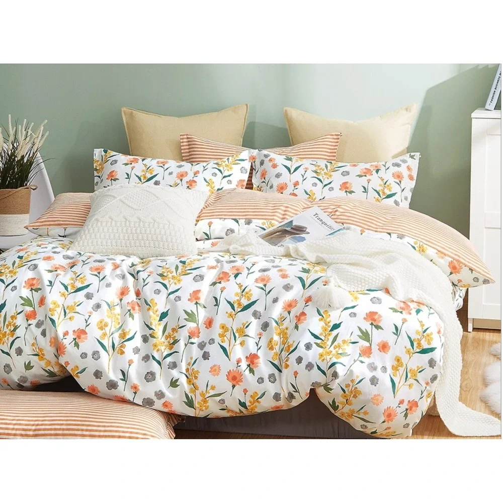 Estella Orange Floral 100% Cotton‎ Reversible Comforter Set Twin Farmhouse Boho